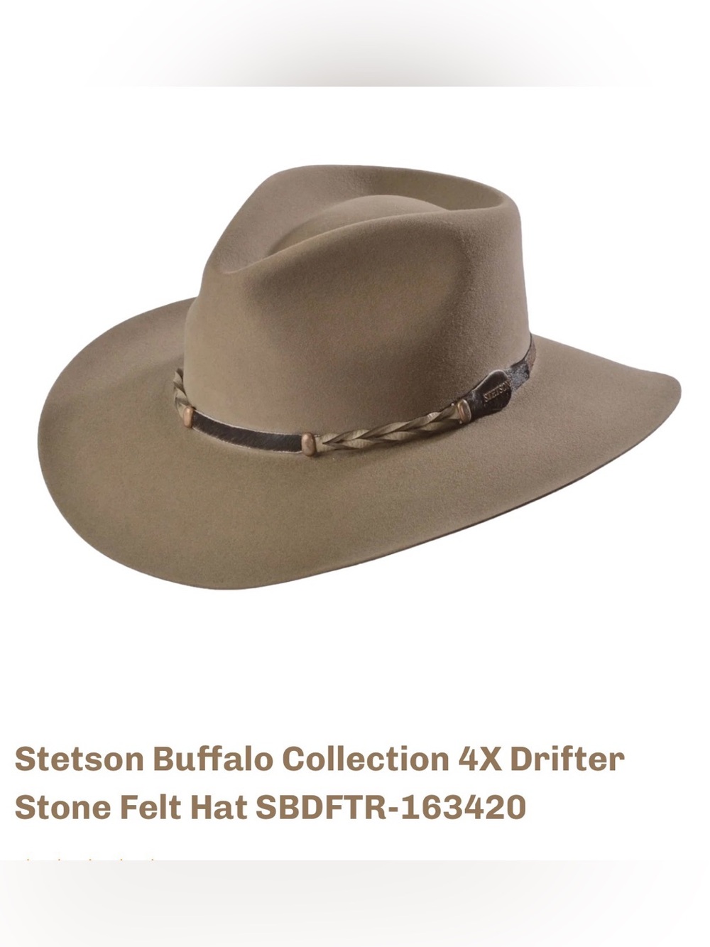 Stetson Drifter 4X Buffalo Felt Cowboy Hat Felt Hat Brown Size 7 5/8 NEW - Picture 7 of 7